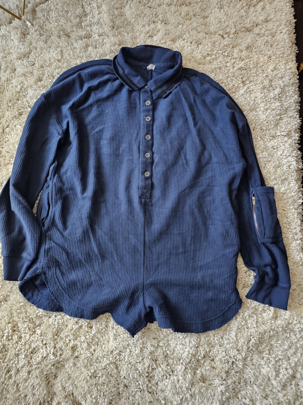 Free People Men's Navy Blue Zip-Detail Waffle Knit Pullover